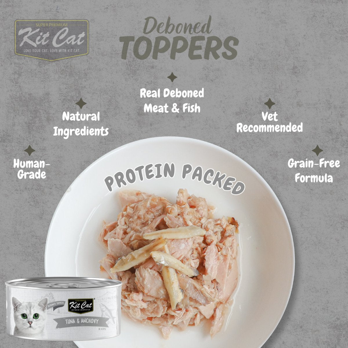 Kit Cat Tuna and Anchovy Aspic ingredients with can and seafood flakes