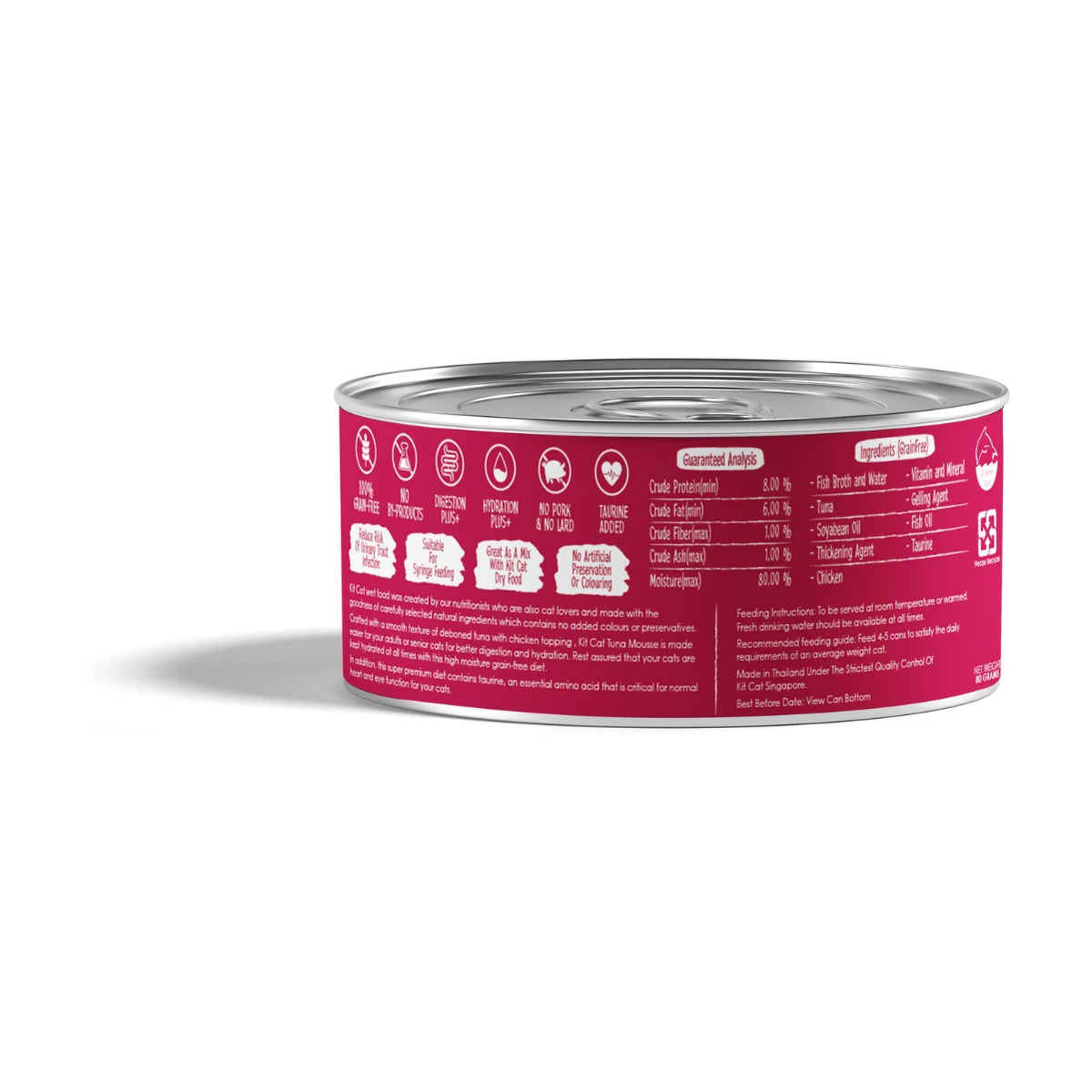 Back label of Kit Cat Tuna Mousse & Chicken Topper can with ingredients and feeding information