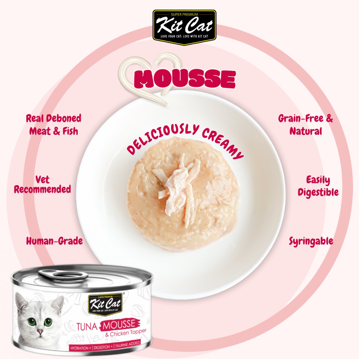 Kit Cat Tuna Mousse & Chicken Topper texture and product features graphic