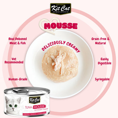 Kit Cat Tuna Mousse & Chicken Topper texture and product features graphic