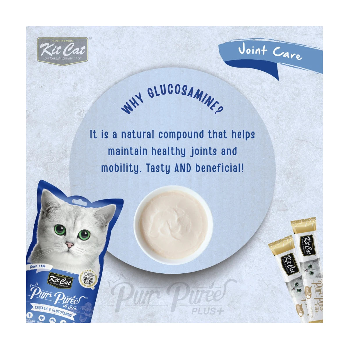 Kit Cat Chicken and Glucosamine Joint Care cat treat graphic showing support for healthy joints and mobility