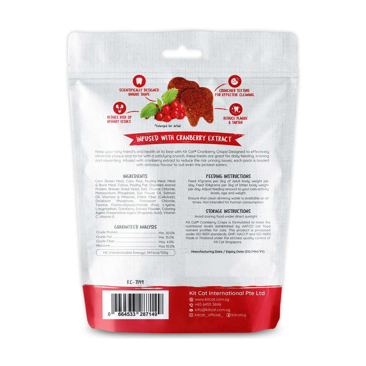 Back of Kit Cat Cranberry Crisps Beef cat treats pack showing ingredients, feeding guide and storage information