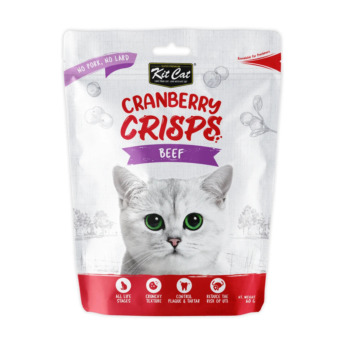 Kit Cat Cranberry Crisps Beef crunchy cat treats front pack 60g