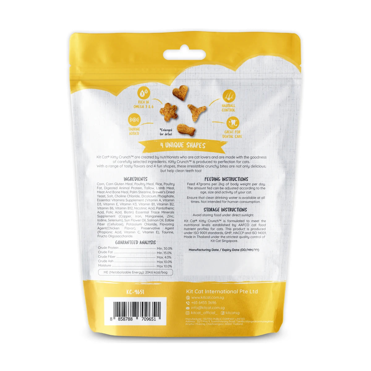 Back of Kit Cat Kitty Crunch Chicken cat treats pack showing ingredients, feeding guide and storage information