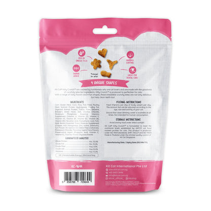 Back of Kit Cat Kitty Crunch Tuna cat treats pack showing ingredients, feeding guide and storage information