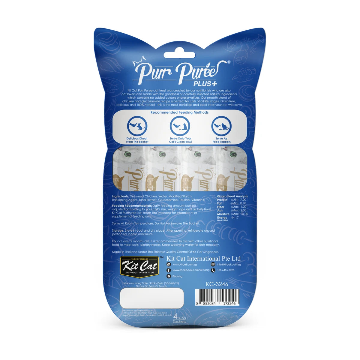 Back of Kit Cat Purr Puree Plus Chicken and Glucosamine Joint Care cat treat pack showing feeding guide and ingredients