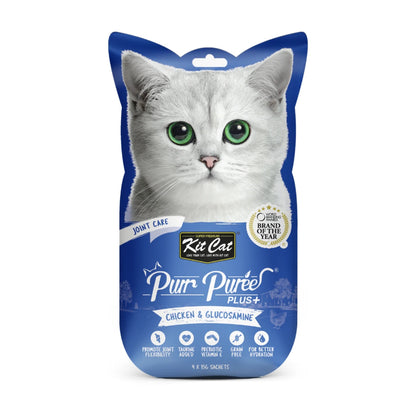 Kit Cat Purr Puree Plus Chicken and Glucosamine Joint Care lickable cat treat front pack 4 x 15g