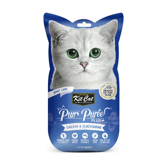 Kit Cat Purr Puree Plus Chicken and Glucosamine Joint Care lickable cat treat front pack 4 x 15g