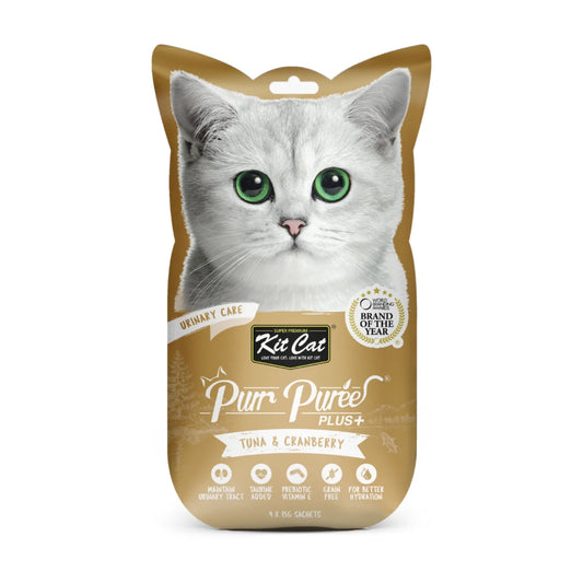 Kit Cat Purr Puree Plus Tuna and Cranberry Urinary Care lickable cat treat front pack 4 x 15g