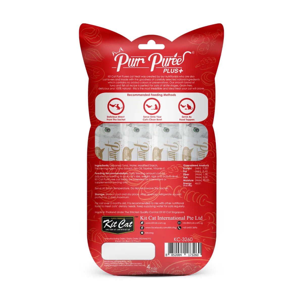 Back of Kit Cat Purr Puree Plus Tuna and Fish Oil Skin and Coat cat treat pack showing feeding guide and ingredients