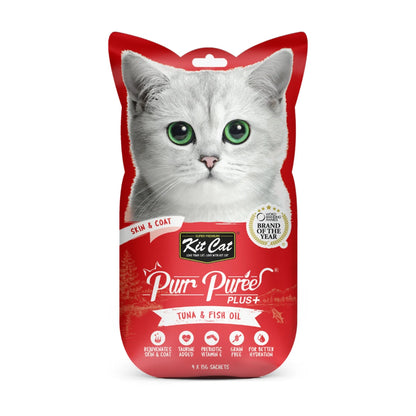 Kit Cat Purr Puree Plus Tuna and Fish Oil Skin and Coat lickable cat treat front pack 4 x 15g