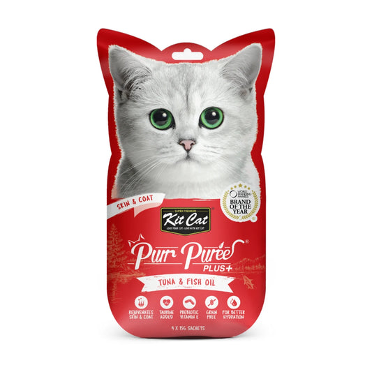 Kit Cat Purr Puree Plus Tuna and Fish Oil Skin and Coat lickable cat treat front pack 4 x 15g