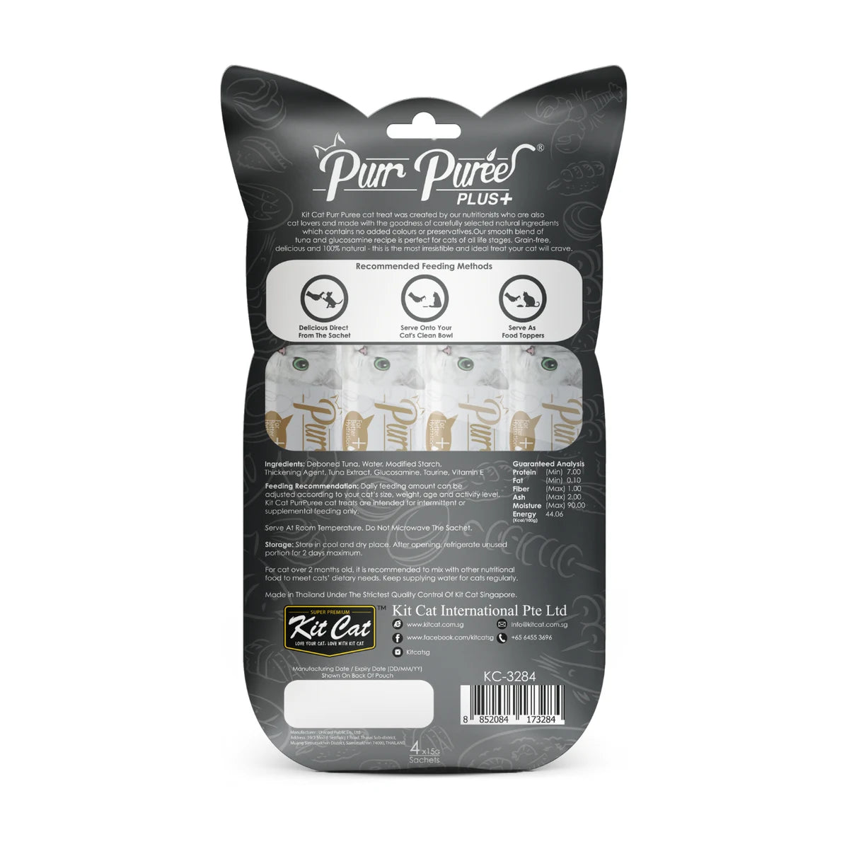Back of Kit Cat Purr Puree Plus Tuna and Glucosamine Joint Care cat treat pack showing feeding guide and ingredients