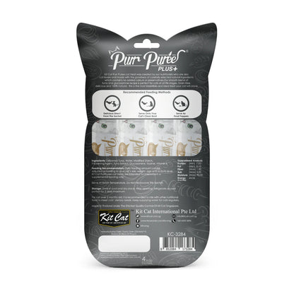 Back of Kit Cat Purr Puree Plus Tuna and Glucosamine Joint Care cat treat pack showing feeding guide and ingredients