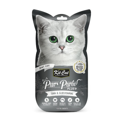 Kit Cat Purr Puree Plus Tuna and Glucosamine Joint Care lickable cat treat front pack 4 x 15g