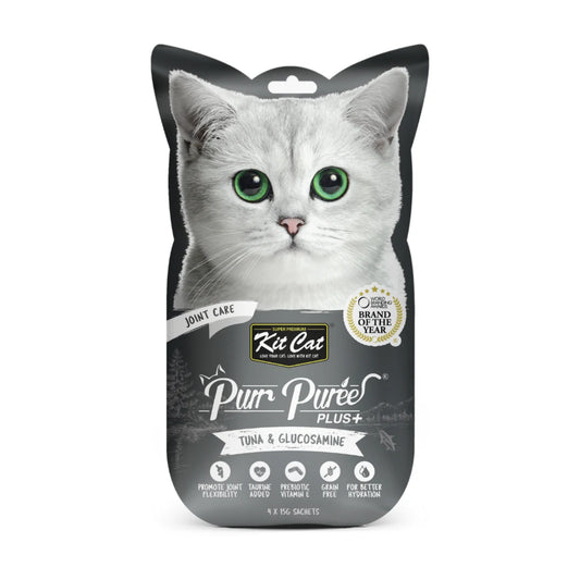 Kit Cat Purr Puree Plus Tuna and Glucosamine Joint Care lickable cat treat front pack 4 x 15g