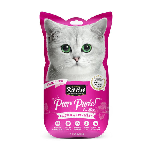 Kit Cat Purr Puree Plus Urinary Care Chicken lickable cat treat front pack 4 x 15g
