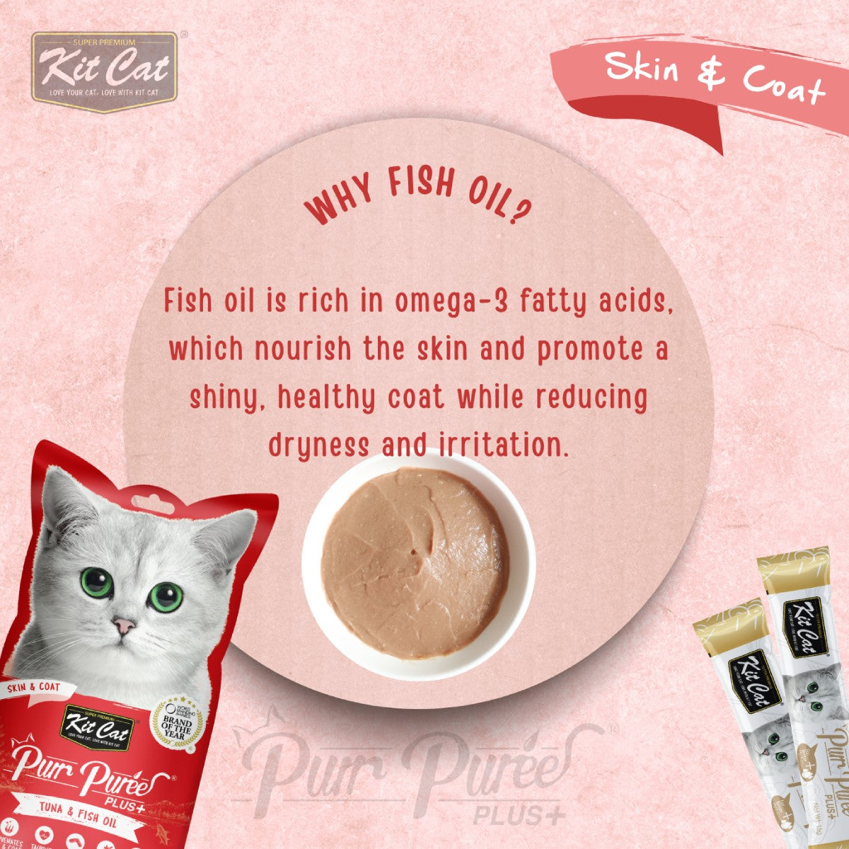 Kit Cat Tuna and Fish Oil Skin and Coat cat treat graphic showing fish oil support for healthy skin and coat