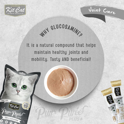 Kit Cat Tuna and Glucosamine Joint Care cat treat graphic showing support for healthy joints and mobility
