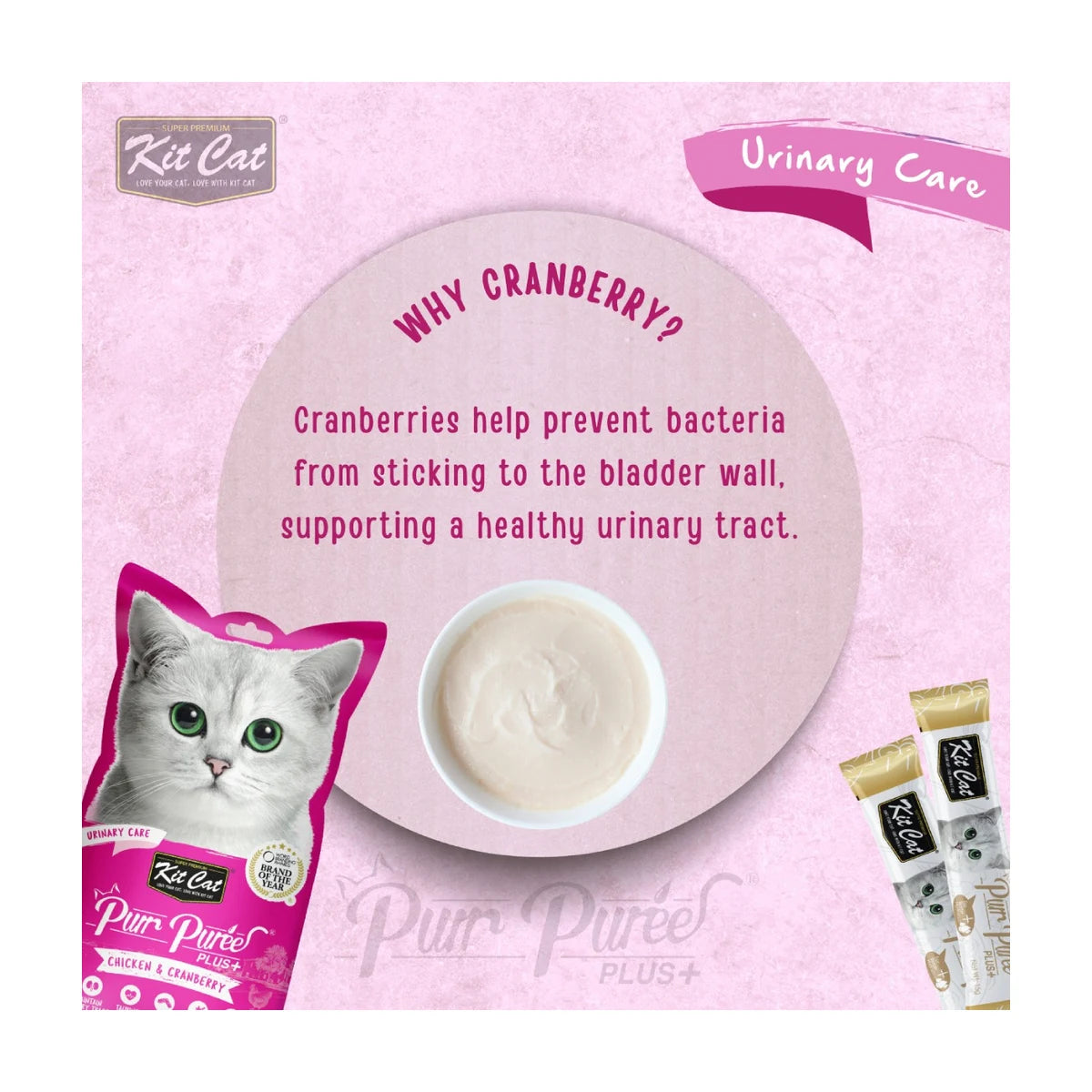 Kit Cat Urinary Care Chicken cat treat graphic showing cranberry support for a healthy urinary tract