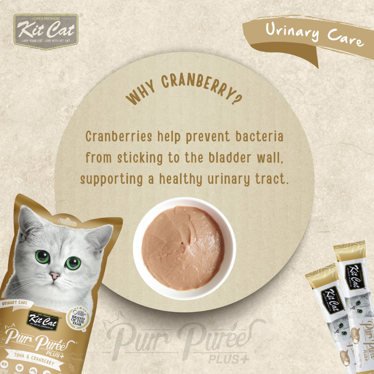 Kit Cat Tuna and Cranberry Urinary Care cat treat graphic showing cranberry support for a healthy urinary tract