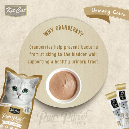 Kit Cat Tuna and Cranberry Urinary Care cat treat graphic showing cranberry support for a healthy urinary tract