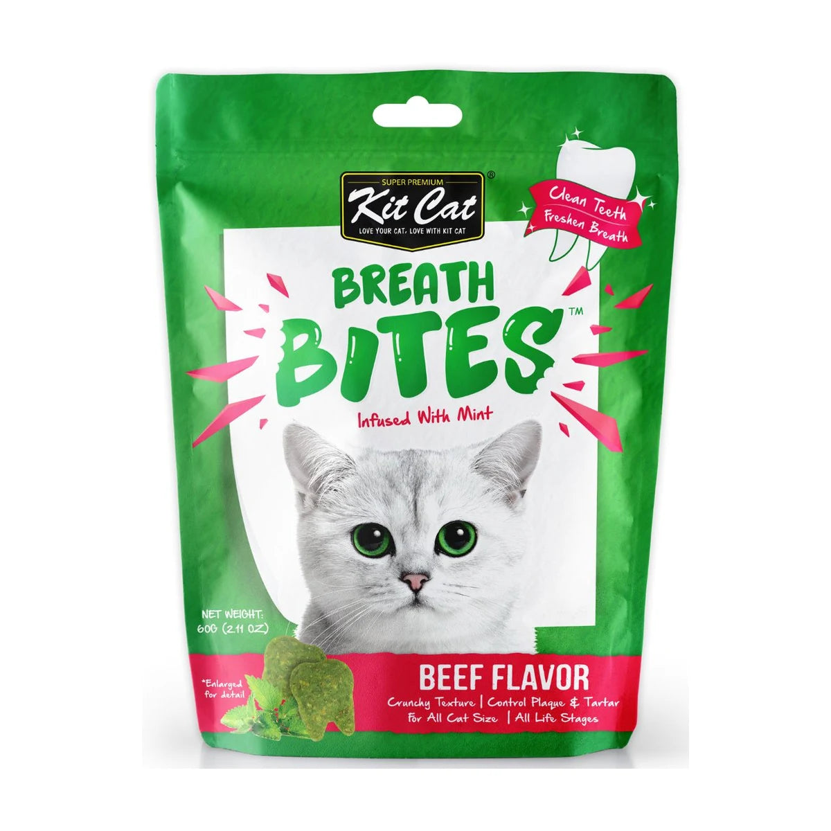 Kit Cat Breath Bites Beef cat dental treats 60g front pack with mint for cleaner teeth and fresher breath