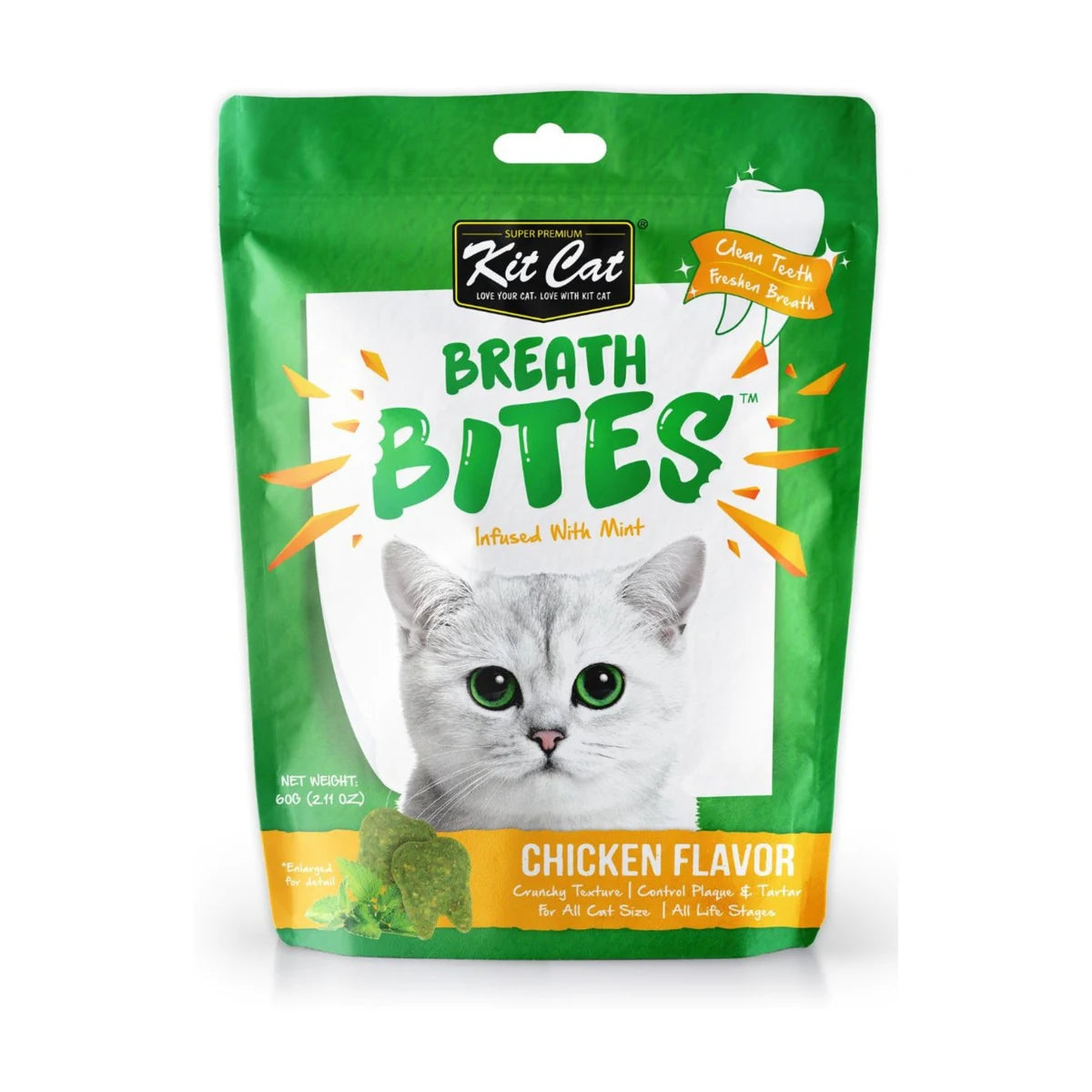 Kit Cat Breath Bites Chicken cat dental treats 60g front pack with mint for cleaner teeth and fresher breath