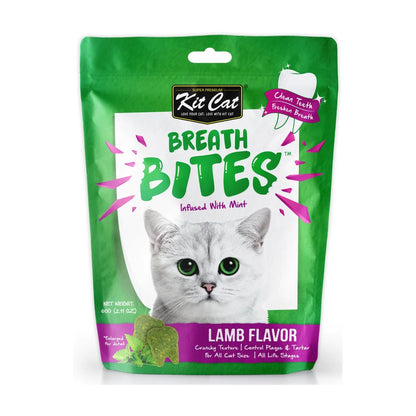 Kit Cat Breath Bites Lamb cat dental treats 60g front pack with mint for cleaner teeth and fresher breath