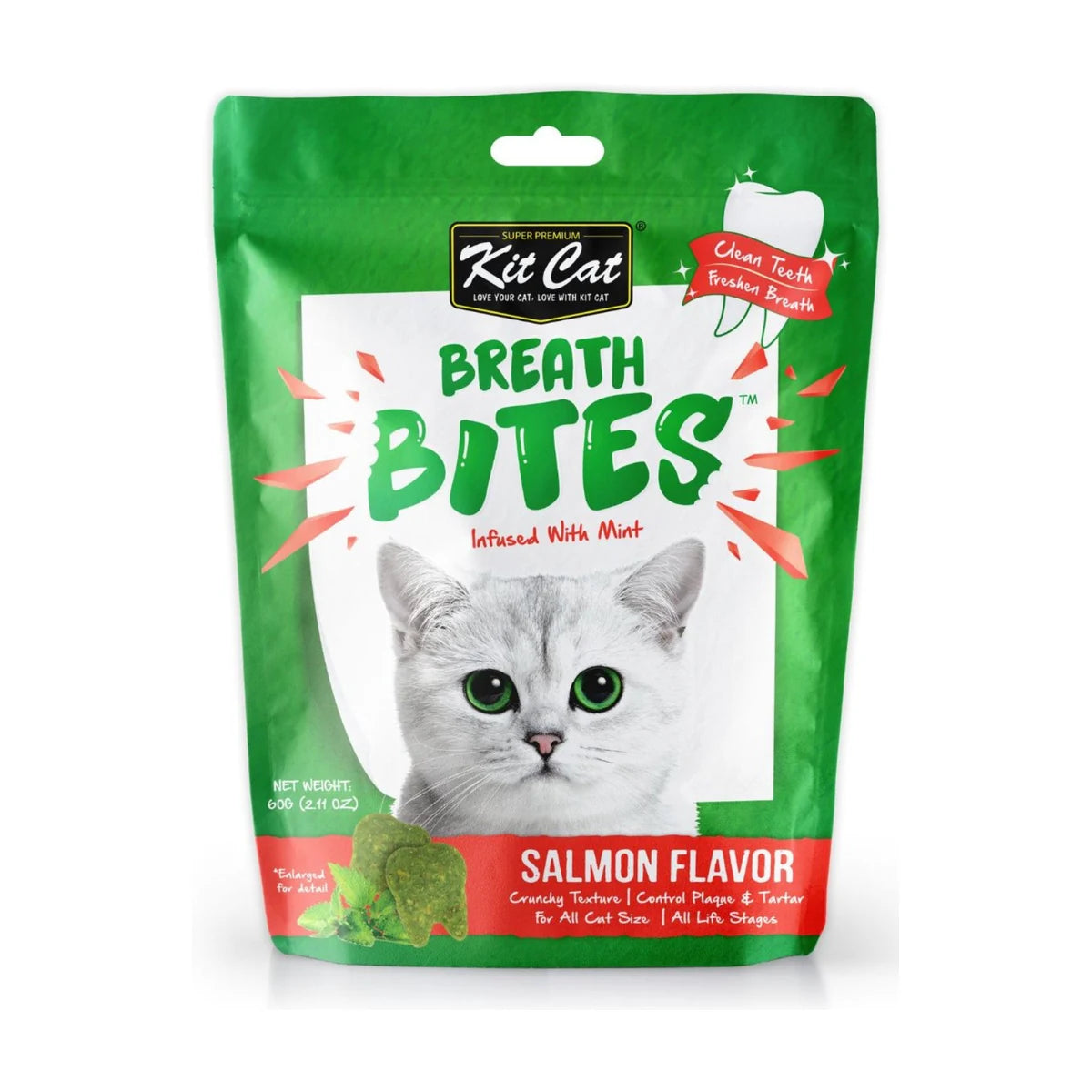 Kit Cat Breath Bites Salmon cat dental treats 60g front pack with mint for cleaner teeth and fresher breath