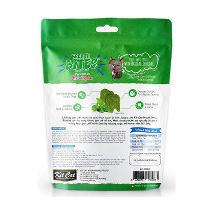 Kit Cat Breath Bites Seafood cat dental treats 60g back of pack with ingredients feeding guide and guaranteed analysis