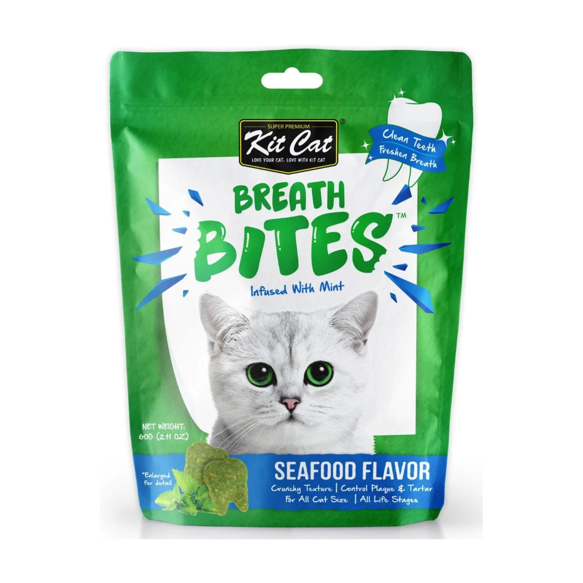Kit Cat Breath Bites Seafood cat dental treats 60g front pack with mint for cleaner teeth and fresher breath