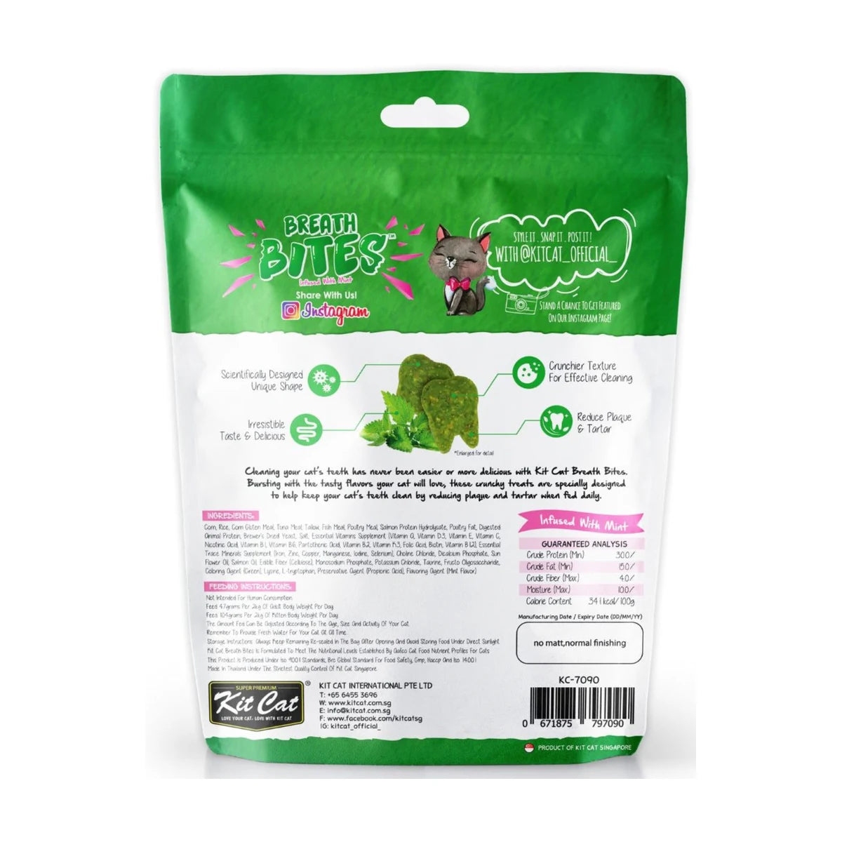 Kit Cat Breath Bites Tuna cat dental treats 60g back of pack with ingredients feeding guide and guaranteed analysis