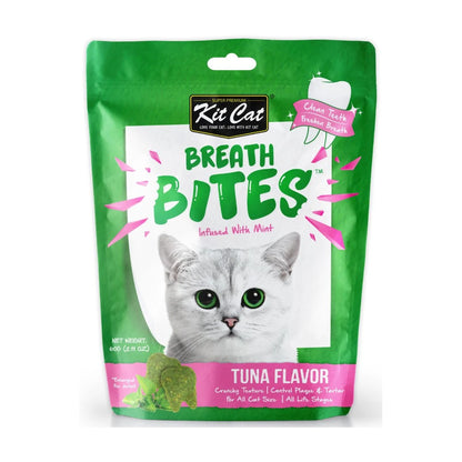 Kit Cat Breath Bites Tuna cat dental treats 60g front pack with mint for cleaner teeth and fresher breath