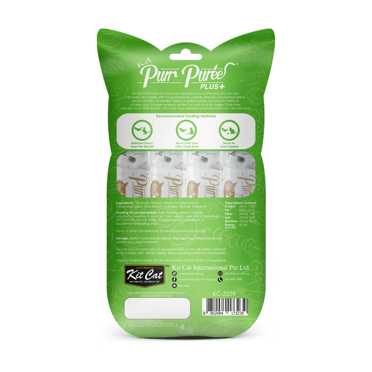 Kit Cat Purr Puree Plus Chicken and Collagen Care back of pack with ingredients feeding guide and analysis