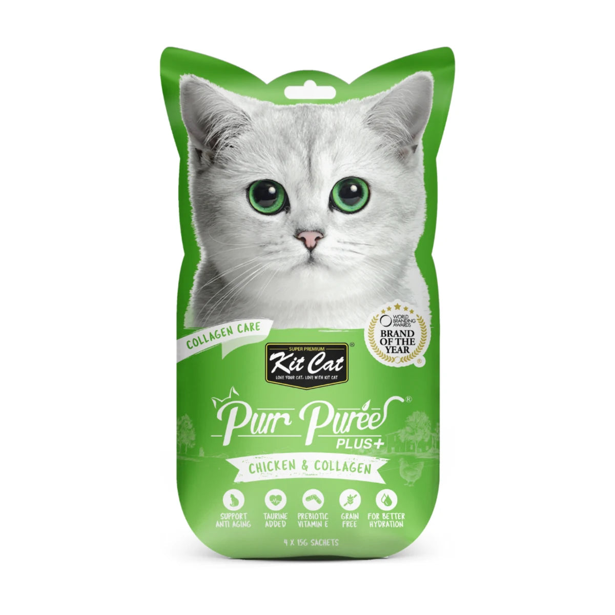 Kit Cat Purr Puree Plus Chicken and Collagen Care lickable cat treats 4 x 15g front pack