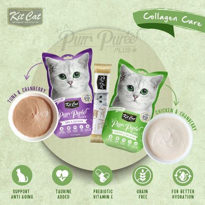 Kit Cat Purr Puree Plus collagen care range image showing chicken and tuna lickable cat treats with hydration and taurine benefits