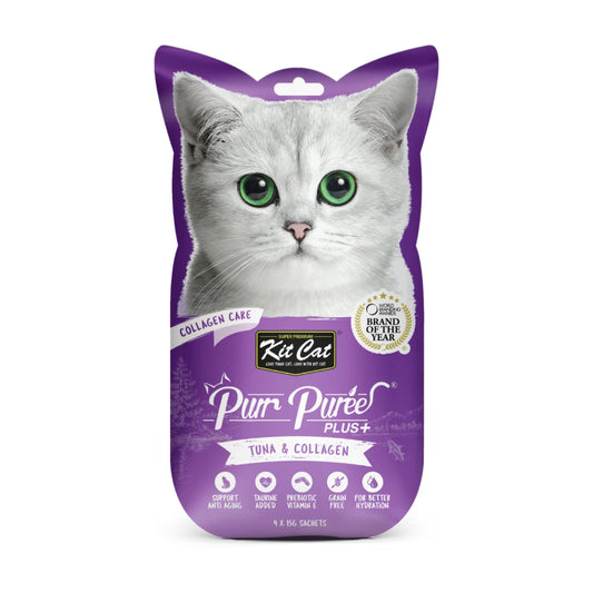 Kit Cat Purr Puree Plus Tuna and Collagen Care lickable cat treats 4 x 15g front pack