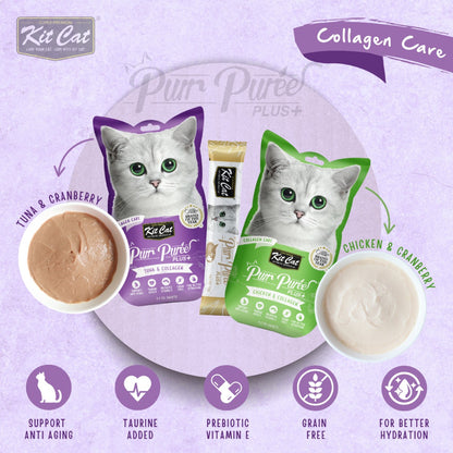Kit Cat Purr Puree Plus collagen care range image showing tuna and chicken lickable cat treats with hydration and taurine benefits