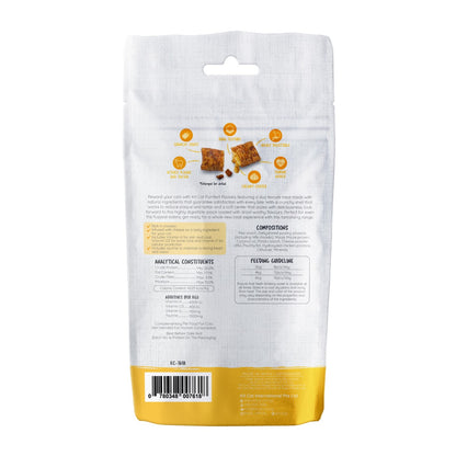 Kit Cat Purrfect Pockets Chicken and Cheese cat treats 60g back of pack with ingredients analysis and feeding guide