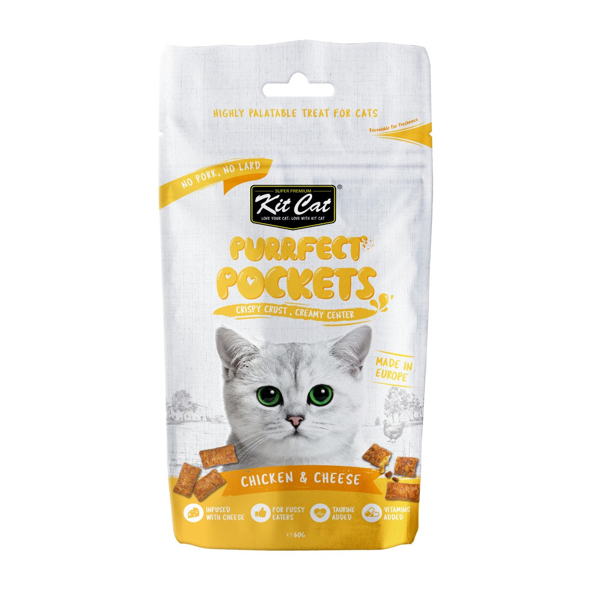 Kit Cat Purrfect Pockets Chicken and Cheese cat treats 60g front pack with crispy crust and creamy center