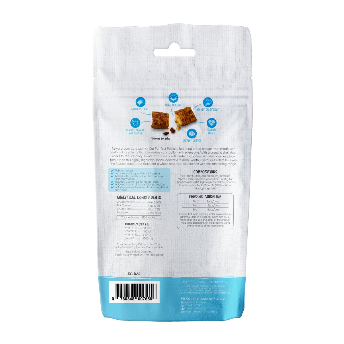 Kit Cat Purrfect Pockets Dental Care cat treats 60g back of pack with ingredients analysis and feeding guide