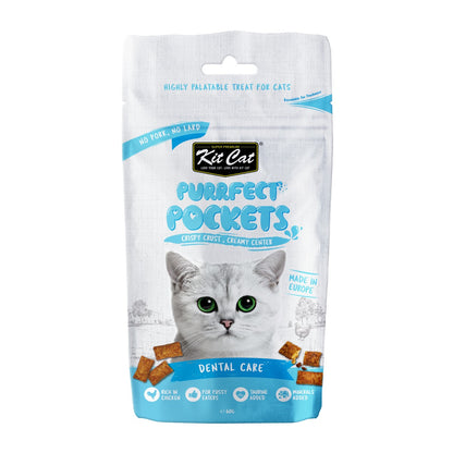Kit Cat Purrfect Pockets Dental Care cat treats 60g front pack with crispy crust and creamy center