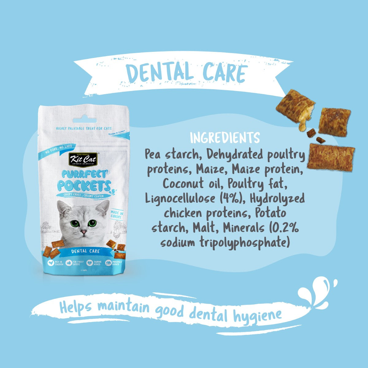 Kit Cat Purrfect Pockets Dental Care image with ingredients and dental hygiene support information