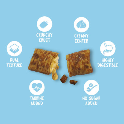 Kit Cat Purrfect Pockets Dental Care infographic showing dual texture highly digestible taurine added and no sugar added