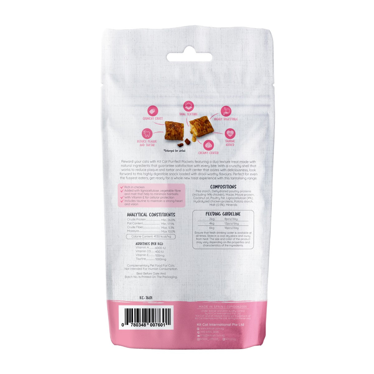 Kit Cat Purrfect Pockets Hairball Control cat treats 60g back of pack with ingredients analysis and feeding guide