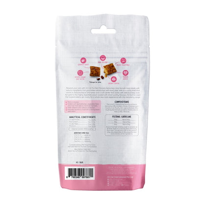 Kit Cat Purrfect Pockets Hairball Control cat treats 60g back of pack with ingredients analysis and feeding guide