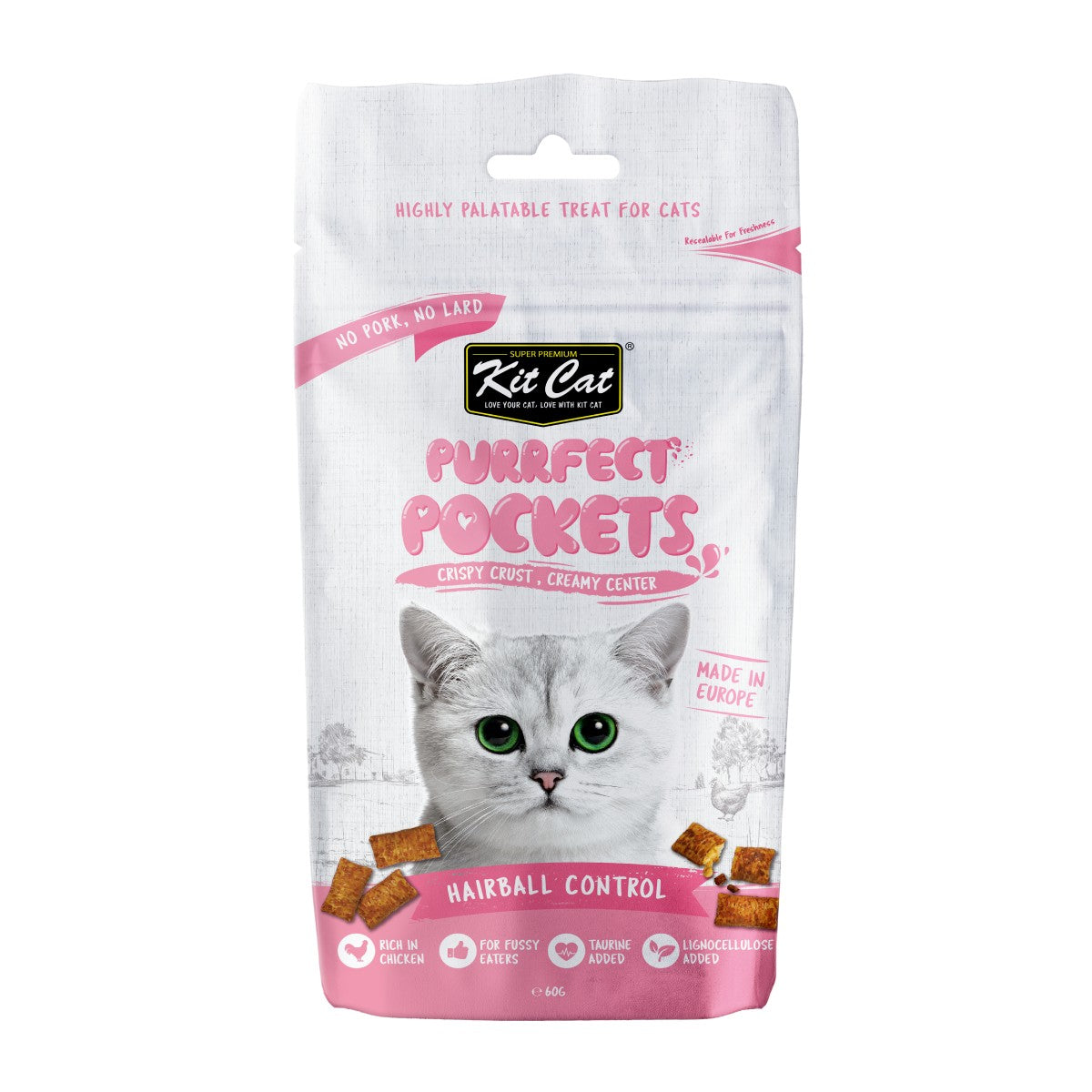 Kit Cat Purrfect Pockets Hairball Control cat treats 60g front pack with crispy crust and creamy center
