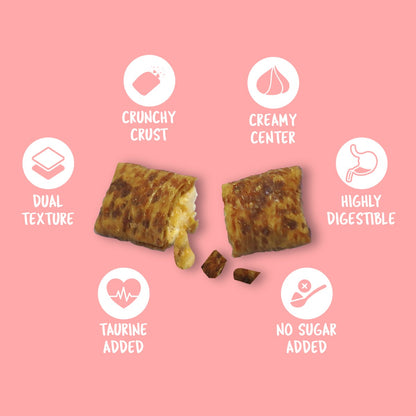 Kit Cat Purrfect Pockets Hairball Control infographic showing dual texture highly digestible taurine added and no sugar added
