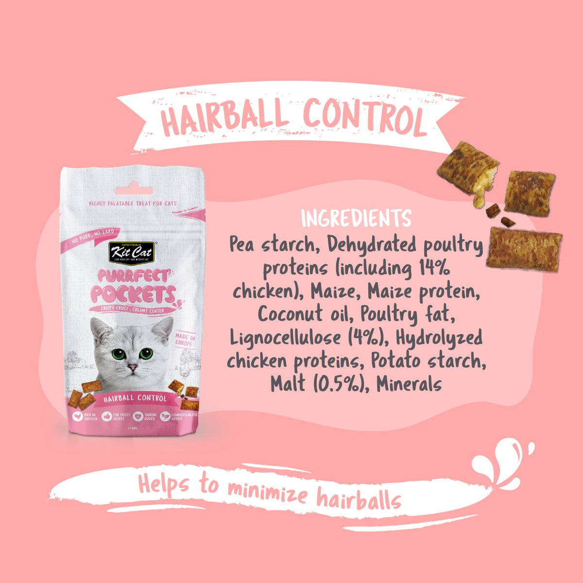 Kit Cat Purrfect Pockets Hairball Control image with ingredients and hairball support benefit information